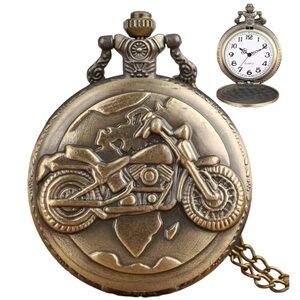 Motorcycle Pocket Watch Bronze Flip Open Pendant Chain Moto Steampunk Watch